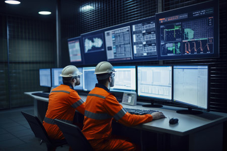 Three heavy industry engineers in safety gear, holding a meeting in a pipe manufacturing factory control room, surrounded by screens displaying data, AI Generatedの素材