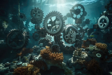 Underwater scene featuring a variety of marine life interacting with submerged gear wheels, symbolizing the connection between industry and nature, AI Generatedの素材