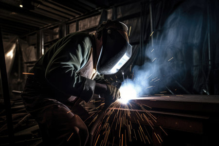 Skilled Welders Fabricating Steel Parts for Heavy-Duty Farming Equipment, AI Generatedの素材