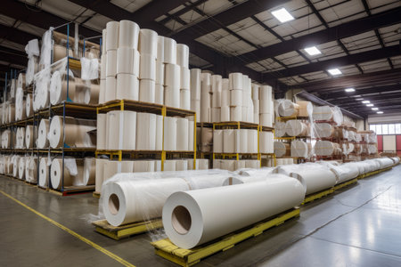 Stacks of finished fiberglass products, such as insulation rolls and panels, ready for shipment in a warehouse, AI Generatedの素材