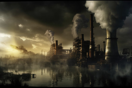 Smoke billowing from factory chimneys in a dystopian industrial landscape, with polluted water and smog-covered cityscape in the background, AI Generatedの素材