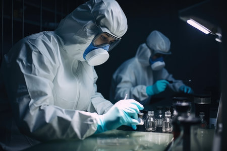 Workers in work clothes at a chemical industry plant laboratory, conducting chemical analysis and quality control tests on samples, AI Generatedの素材