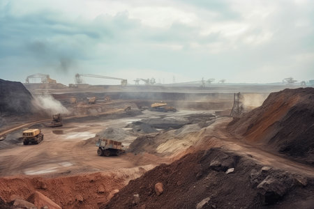 vast, open-pit mine in a desolate landscape with massive excavation equipment, dust clouds, and polluted water sources, AI Generatedの素材