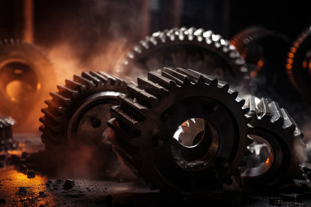 Steel gear wheels with sparks flying off the edges, illustrating the power of industry and manufacturing, AI Generatedの素材