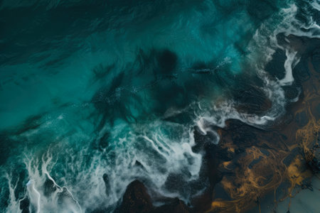 Satellite view of an oil spill in the ocean, showcasing its environmental impact and the importance of responsible practices, AI Generatedの素材