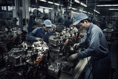 Workers in an automobile manufacturing plant assembling car engines', AI Generatedの素材