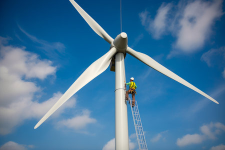 Wind turbines in a field with blue sky and clouds, workers in safety gear performing maintenance on the towering structures, AI Generatedの素材