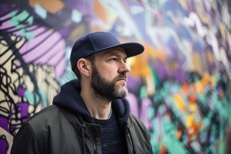 Artistic portrait of a man with a baseball cap and a bomber jacket, standing in front of a colorful abstract muralの素材