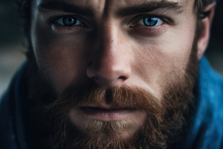 Close-up portrait of a bearded man with striking blue eyesの素材