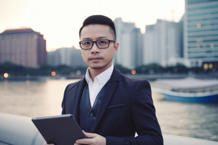 Elegant and stylish businessman in glasses and suit holding a tablet with a cityscape view in the backgroundの素材