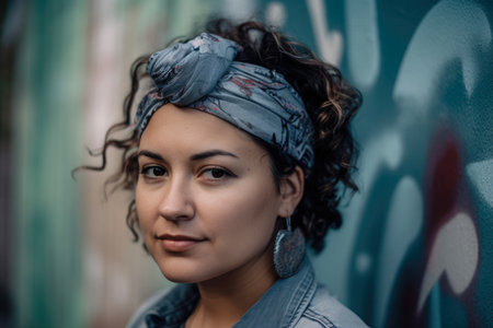 close-up portrait of a woman with a headband and denim shirt standing in front of a graffiti wallの素材