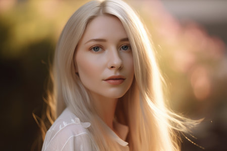Ethereal Beauty mesmerizing portrait of a woman with long, flowing blonde hair and delicate features, surrounded by soft pastel hues and natural lightの素材