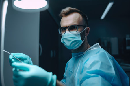 Male dentist in scrubs, holding a dental drill and preparing for a tooth restoration procedureの素材