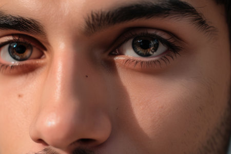 Gentle close-up of a man's brown eyes with soft brown eyelashes and a subtle peach blush on his cheeksの素材