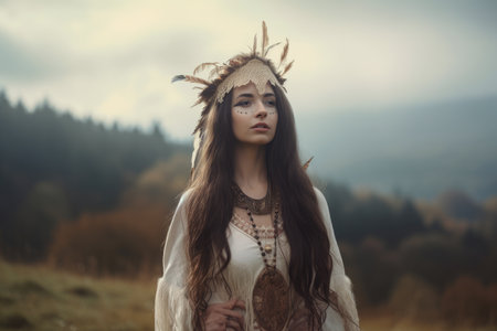 Mystical portrait of a woman with long flowing hair and a headdress, standing in front of a dreamy landscapeの素材