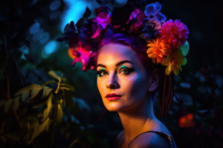 Neon Portrait of a Young Woman with a Floral Headpiece in a Gardenの素材