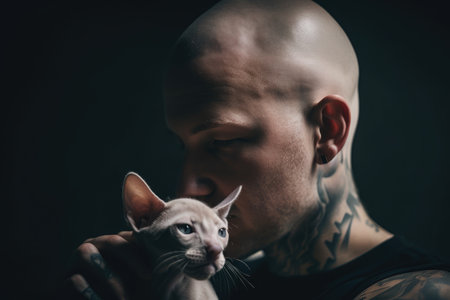 Tough Guy's Soft Side Portrait of a Shaved-Head Man with a Pet Kittenの素材