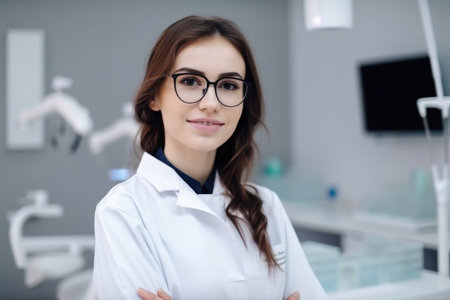 Stylish and Trendy Female Dentist with Fashionable Glasses and Modern Equipment in Clinicの素材