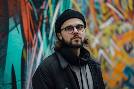 Young hipster with a beanie and glasses posing in front of colorful street artの素材