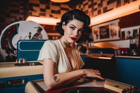 Cool Woman with a Record Player at a 1950s Diner Counterの素材