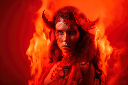 Demonic Temptress with Angelic Features in a Fiery Red Backdropの素材