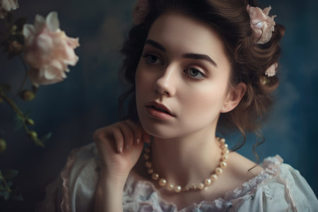 delicate and romantic portrait of a woman with soft features, adorned with subtle floral accents in a vintage-inspired styleの素材