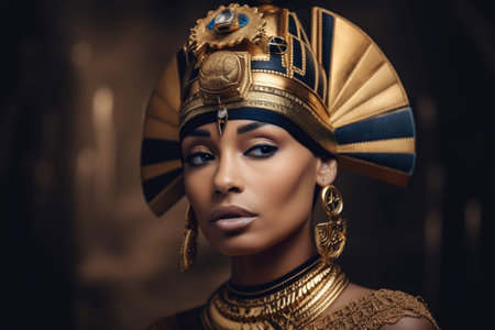 Egyptian queen wearing a golden headdress with intricate details and a regal expression on her face''の素材