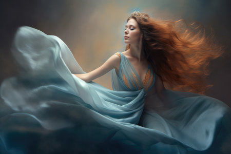 Enchanting Woman with Flowing Hair and Gown in an Ethereal Art Styleの素材