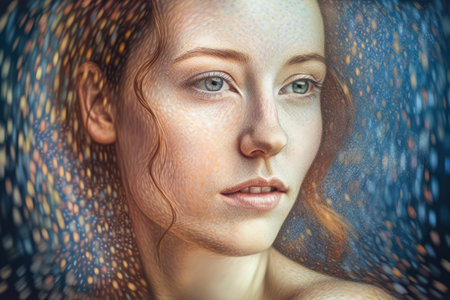 Ethereal portrait of a woman in pointillism art style, with a soft glow and delicate featuresの素材