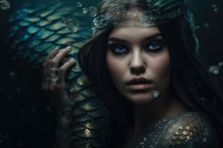 Enchanting mermaid emerging from the depths with a mesmerizing gaze and shimmering scales''の素材
