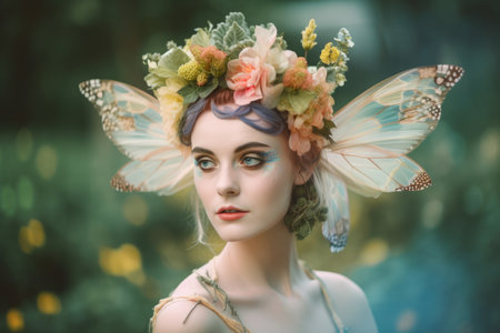 Enchanting Garden Nymph with floral headpiece, ethereal gaze, and delicate wings in a dreamy garden settingの素材
