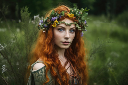 Enchanting Celtic Pagan Woman with Wildflowers in her Hairの素材