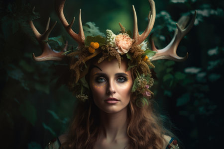 Enchanted Forest Queen with Floral Crown and Glowing Antlersの素材