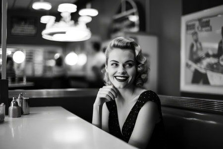 Elegant Woman Sitting in a Booth at a 1950s Dinerの素材