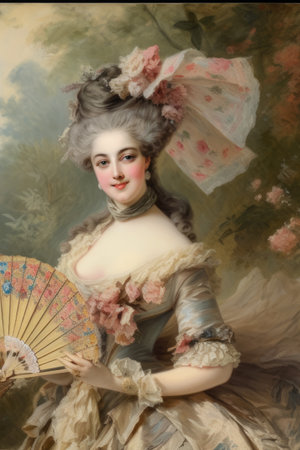 Elegant Rococo portrait of a lady in a lavish garden setting, surrounded by blooming flowers and greenery, holding a delicate fan in her handの素材