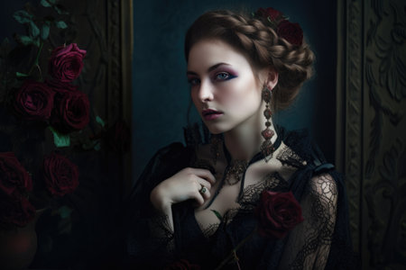 Enchanting gothic portrait of a woman with intricate braids, adorned in flowing lace and velvet, against a backdrop of dark rosesの素材