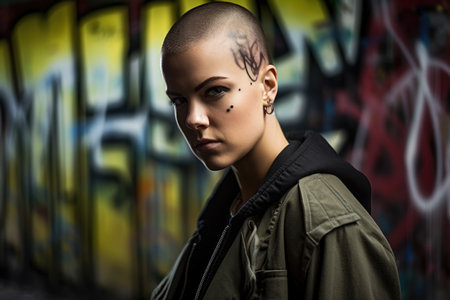 Empowering and fierce portrait of a young woman with a buzz cut and graffiti-style face paint in an urban environmentの素材
