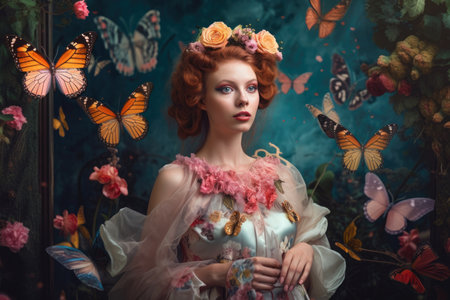 Enchanting portrait of a woman with butterfly wings in a whimsical garden with blooming flowers and magical creaturesの素材