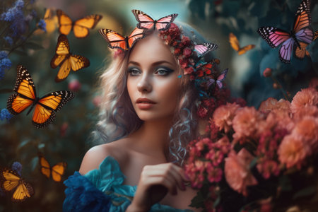Enchanting portrait of a woman with butterfly wings in a whimsical garden with blooming flowers and magical creaturesの素材
