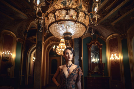 Elegant Victorian Lady posing in a grand ballroom with ornate chandeliers and intricate wallpaperの素材
