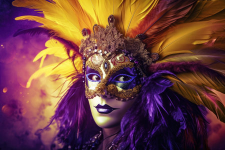 Mysterious woman wearing a colorful Mardi Gras mask with feather and bead embellishments against a vibrant purple and gold backgroundの素材
