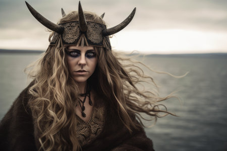 Maiden of the Seas with Flowing Hair, Wearing a Horned Helmet and Fur Cloakの素材