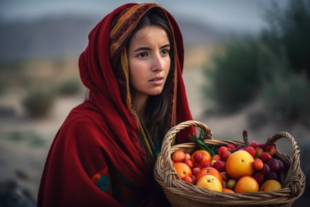 Portrait of a Nomadic Woman with a Bright Shawl and a Basket of Fresh Fruitsの素材