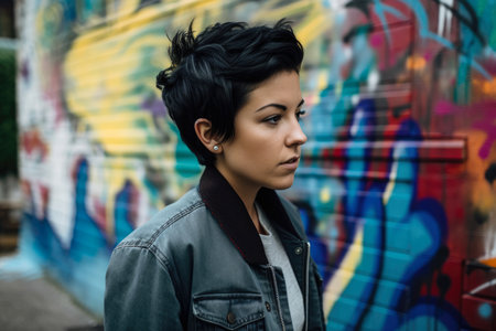 Portrait of a pensive woman with short black hair, wearing a denim jacket and standing in front of a colorful urban graffiti wallの素材