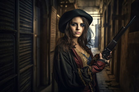 Portrait of a sly pirate princess with a pistol in hand, hiding in the shadows of a dark alleyway in a bustling port townの素材