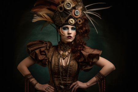 Portrait of a Steampunk Circus queen with a dramatic headdress and an elaborate gownの素材