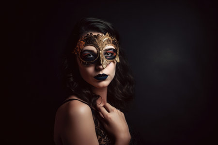 Portrait of a mysterious woman in a Studio 54-inspired fashion shoot with a velvet dress and a masquerade maskの素材