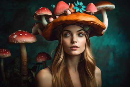 Playful portrait of a woman in Alice in Wonderland style with a whimsical mushroom hat and quirky expressionの素材