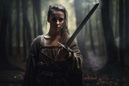 Portrait of a female warrior with a fierce expression and a sword in hand, standing in a dark and mystical forestの素材