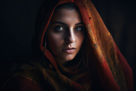 Portrait of a Serene and Mystical Nomadic Woman with a Veil and Flowing Clothesの素材